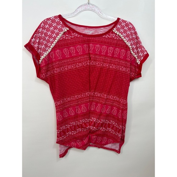 Kim Rogers Tops - KIM ROGERS Red Petite Short Sleeve Blouse White Print Top Womens Size PM